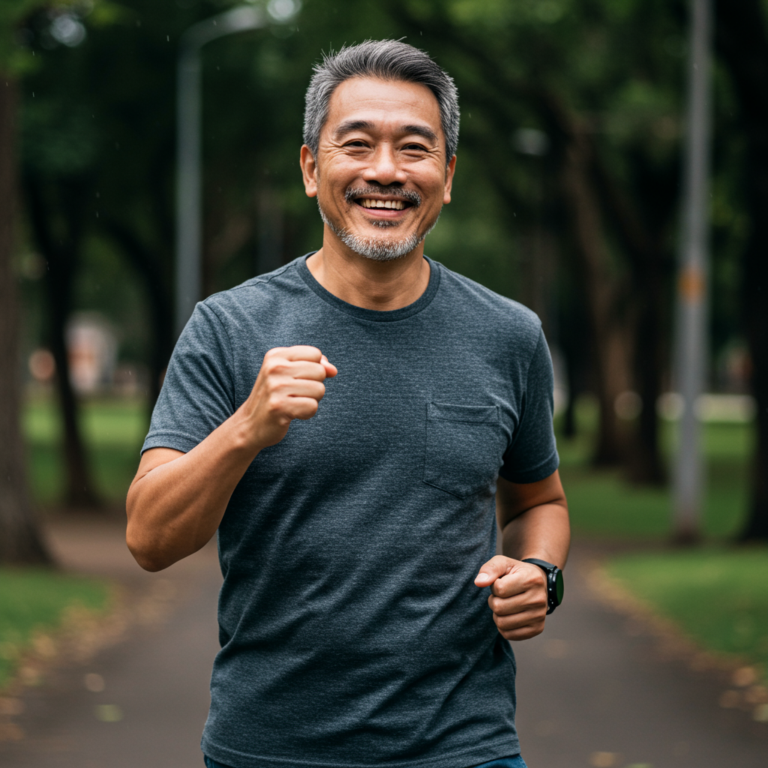 Um homem sorrindo e praticando uma atividade física leve para reposição hormonal
