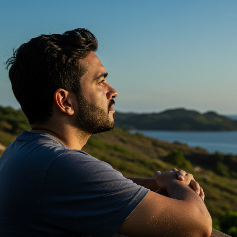 Um homem com baixa testosterona, com expressão reflexiva, mas esperançosa