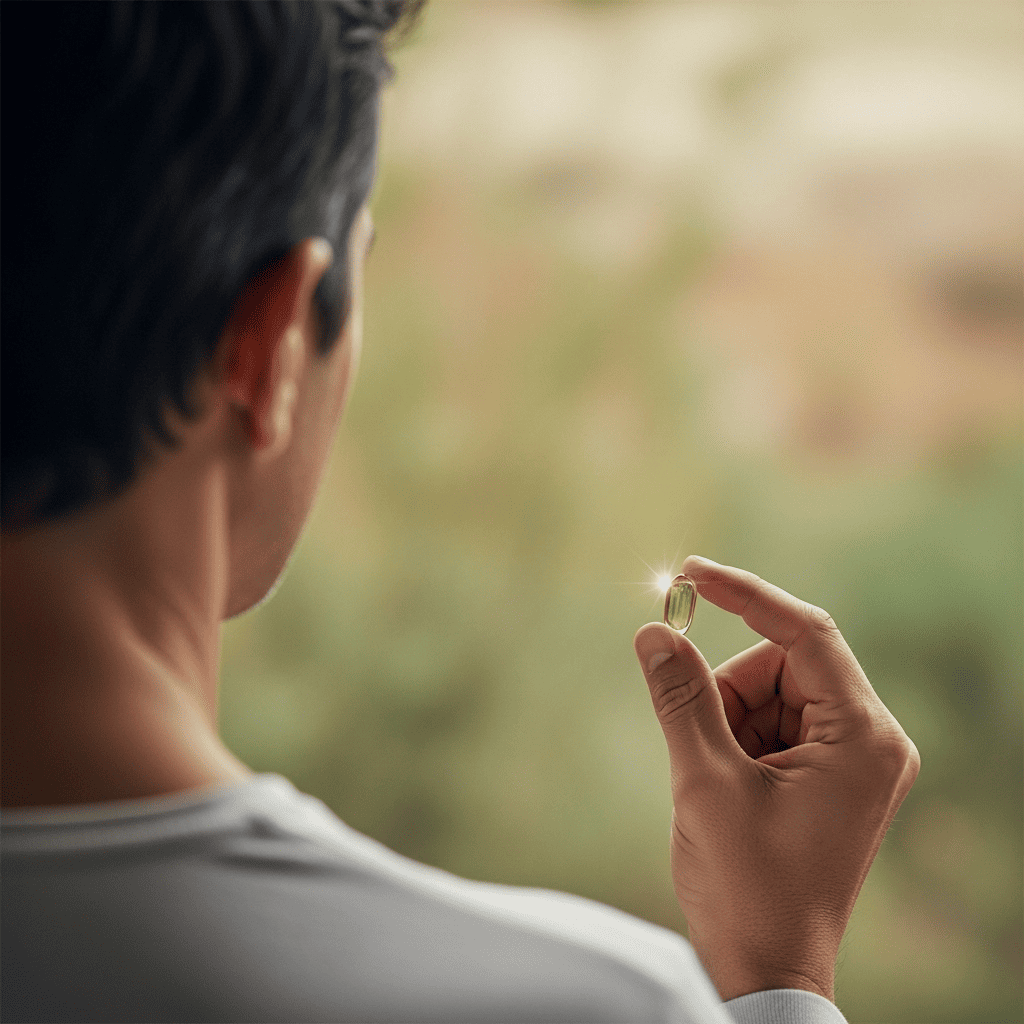 Uma pessoa segurando uma cápsula do óleo de semente de abóbora