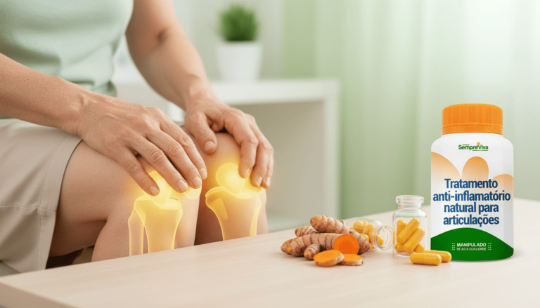 Idoso segurando o joelho com destaque luminoso nas articulações e frascos de cúrcuma ao lado, simbolizando anti-inflamatório natural para dor articular crônica