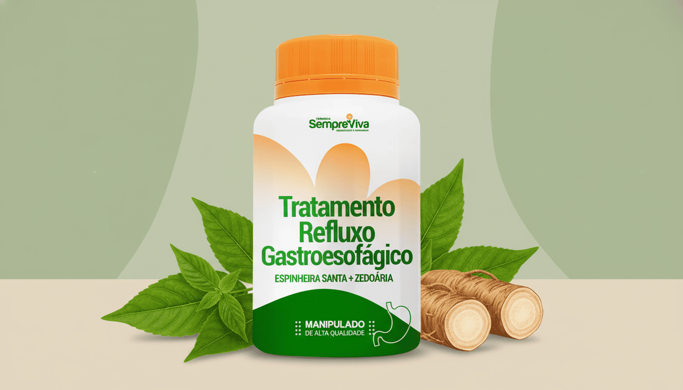 Imagem ilustrativa com espinheira-santa, zedoária e frasco de fórmula manipulada representando tratamento natural para refluxo gastroesofágico da Farmácia Sempre Viva.