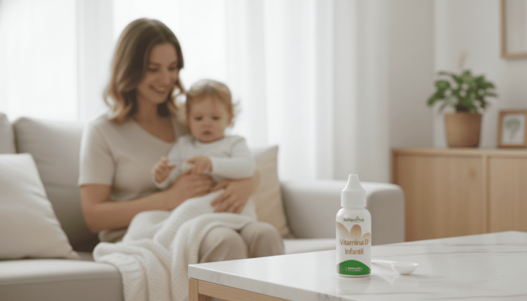 Frasco de vitamina D infantil em gotas ao lado de mãe com bebê, representando cuidado com ossos e imunidade das crianças.
