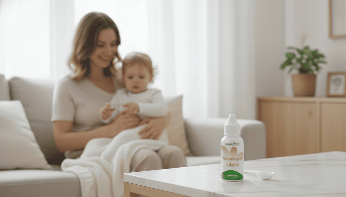 Frasco de vitamina D infantil em gotas ao lado de mãe com bebê, representando cuidado com ossos e imunidade das crianças.