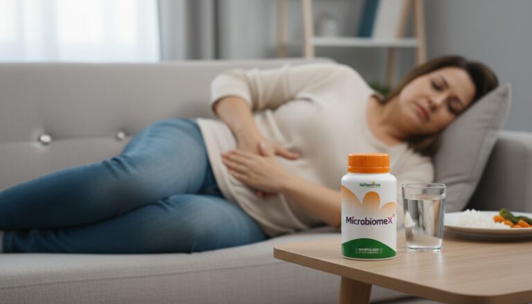 Mulher com dor intestinal ao lado do frasco CoreBiome