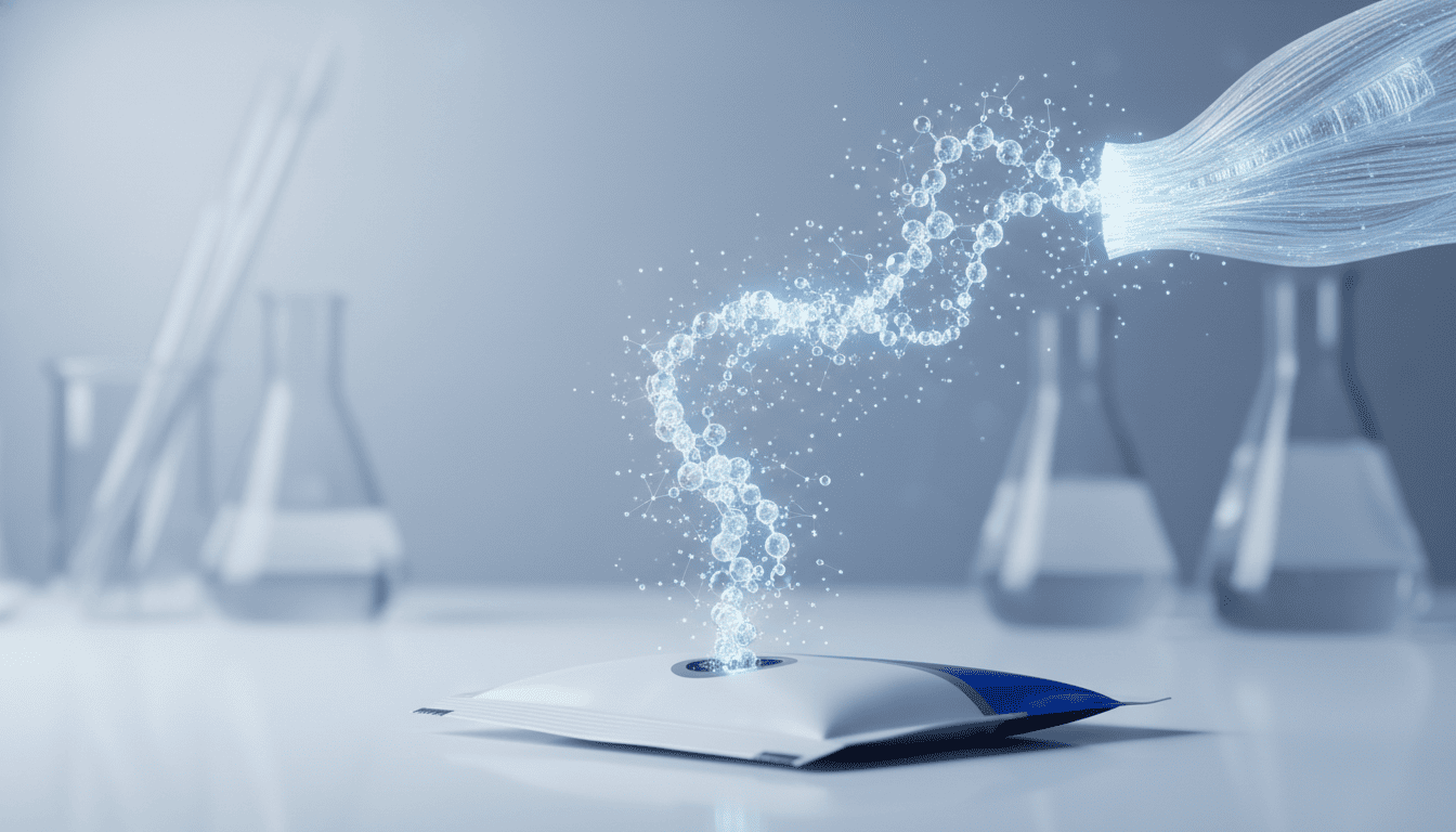 Moléculas de peptídeos bioativos interagindo com fibras musculares, simbolizando recuperação e performance.