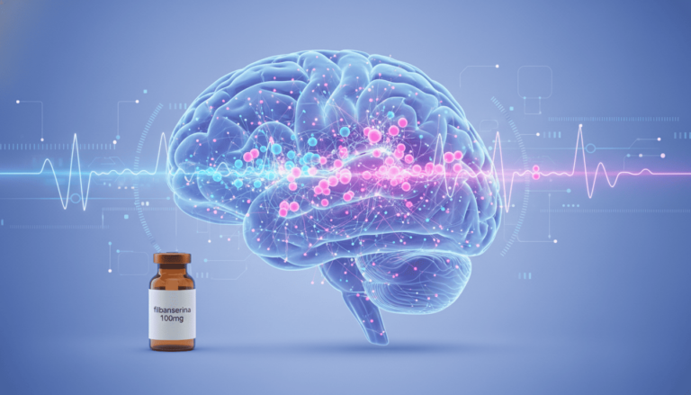 Ilustração científica do cérebro feminino destacando o equilíbrio de serotonina e dopamina, com frasco genérico de flibanserina ao lado, em estilo médico moderno e tons suaves.