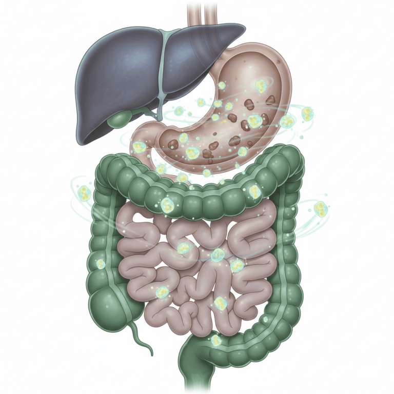Ilustração de digestão eficiente com blend de enzimas digestivas, mostrando melhoria da saúde intestinal e absorção de nutrientes.