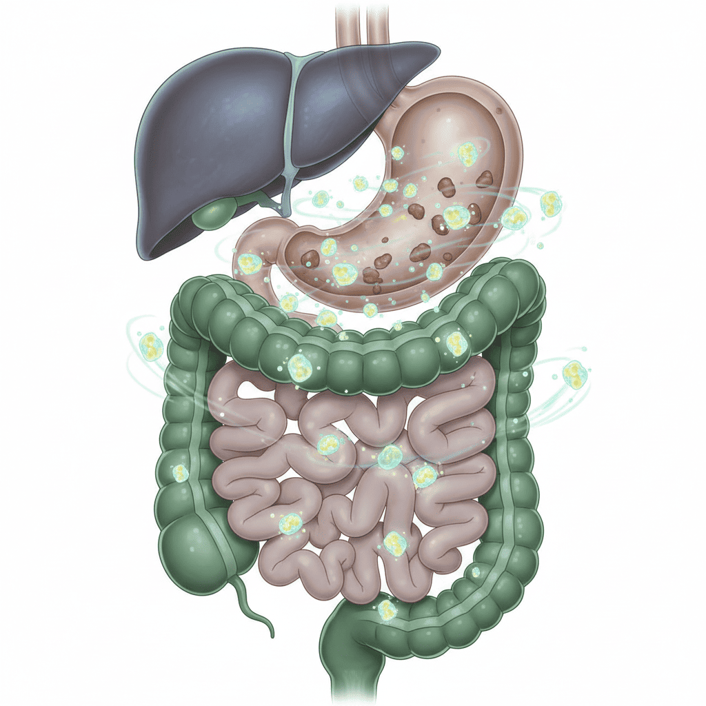 Ilustração de digestão eficiente com blend de enzimas digestivas, mostrando melhoria da saúde intestinal e absorção de nutrientes.