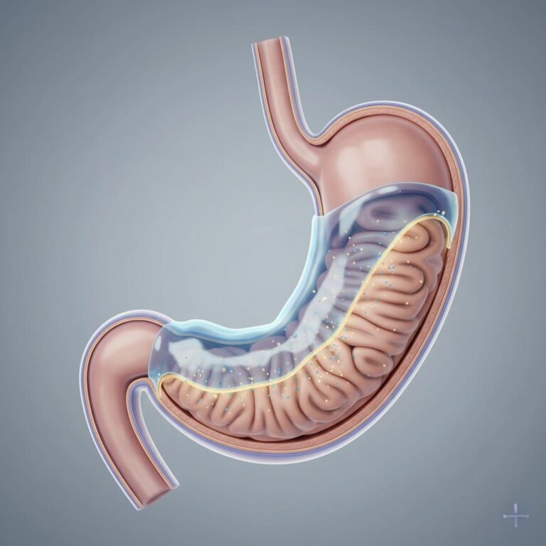 Estômago saudável com mucosa protegida por camada brilhante, representando regeneração e proteção gástrica em estilo médico moderno.