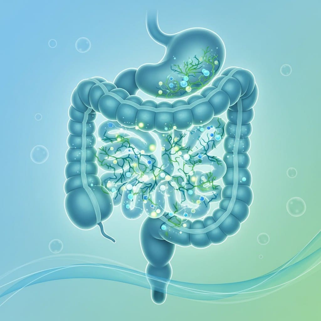 Ilustração do intestino com microbiota saudável representada por partículas luminosas.