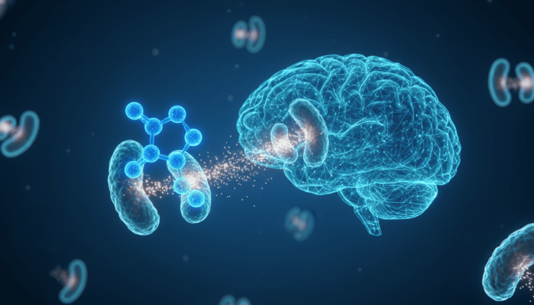 Ilustração científica do azul de metileno atuando nas mitocôndrias das células humanas, mostrando produção de energia celular (ATP) e conexões neurais no cérebro relacionadas à saúde cognitiva.