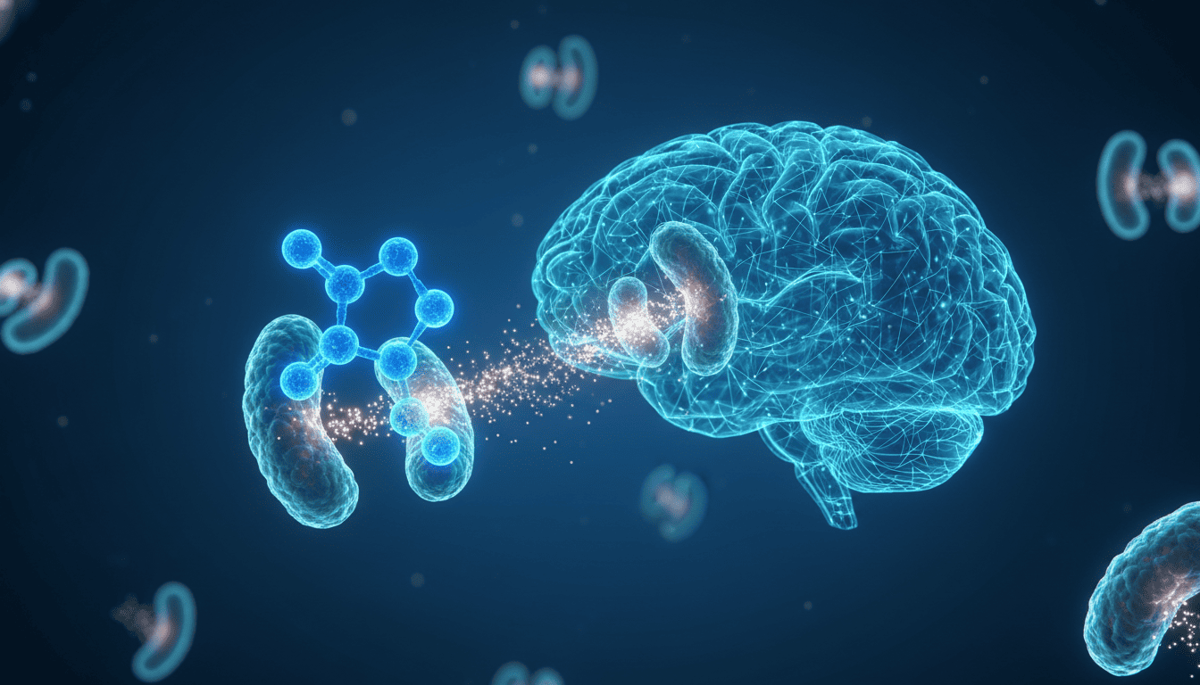 Ilustração científica do azul de metileno atuando nas mitocôndrias das células humanas, mostrando produção de energia celular (ATP) e conexões neurais no cérebro relacionadas à saúde cognitiva.