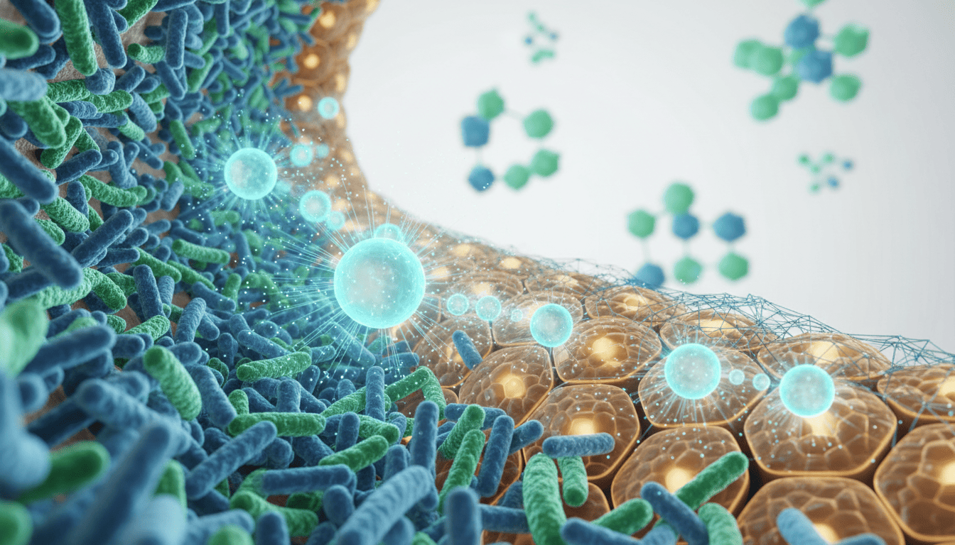 Ilustração científica do intestino humano saudável com microbiota equilibrada e moléculas de butirato nutrindo as células do cólon, representando a ação de pós-bióticos como o CoreBiome na saúde intestinal.