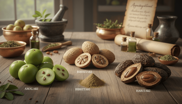 Frutas ayurvédicas Amalaki, Bibhitaki e Haritaki com pó de triphala ao centro, representando o suplemento natural usado na medicina tradicional indiana.