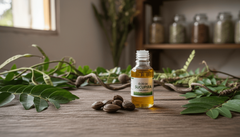 Sementes de sucupira e frasco com óleo natural sobre mesa de madeira, representando fitoterapia brasileira e uso tradicional da planta medicinal.