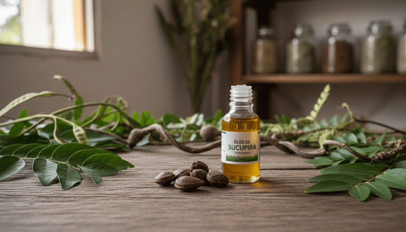 Sementes de sucupira e frasco com óleo natural sobre mesa de madeira, representando fitoterapia brasileira e uso tradicional da planta medicinal.
