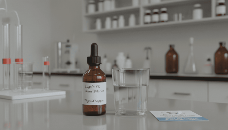 Frasco conta-gotas de solução de Lugol 5% ao lado de copo com água para diluição, representando suplementação de iodo para saúde da tireoide.