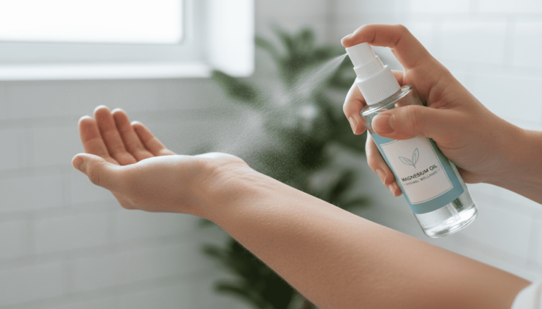 Aplicação de spray de cloreto de magnésio transdérmico no braço, demonstrando o uso do magnésio na pele para reposição mineral e bem-estar.