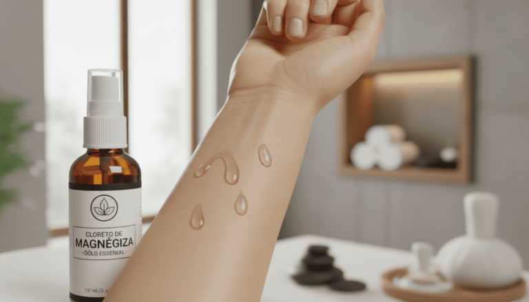 Aplicação de spray de cloreto de magnésio transdérmico no braço, mostrando o uso do magnésio na pele para relaxamento muscular e bem-estar.