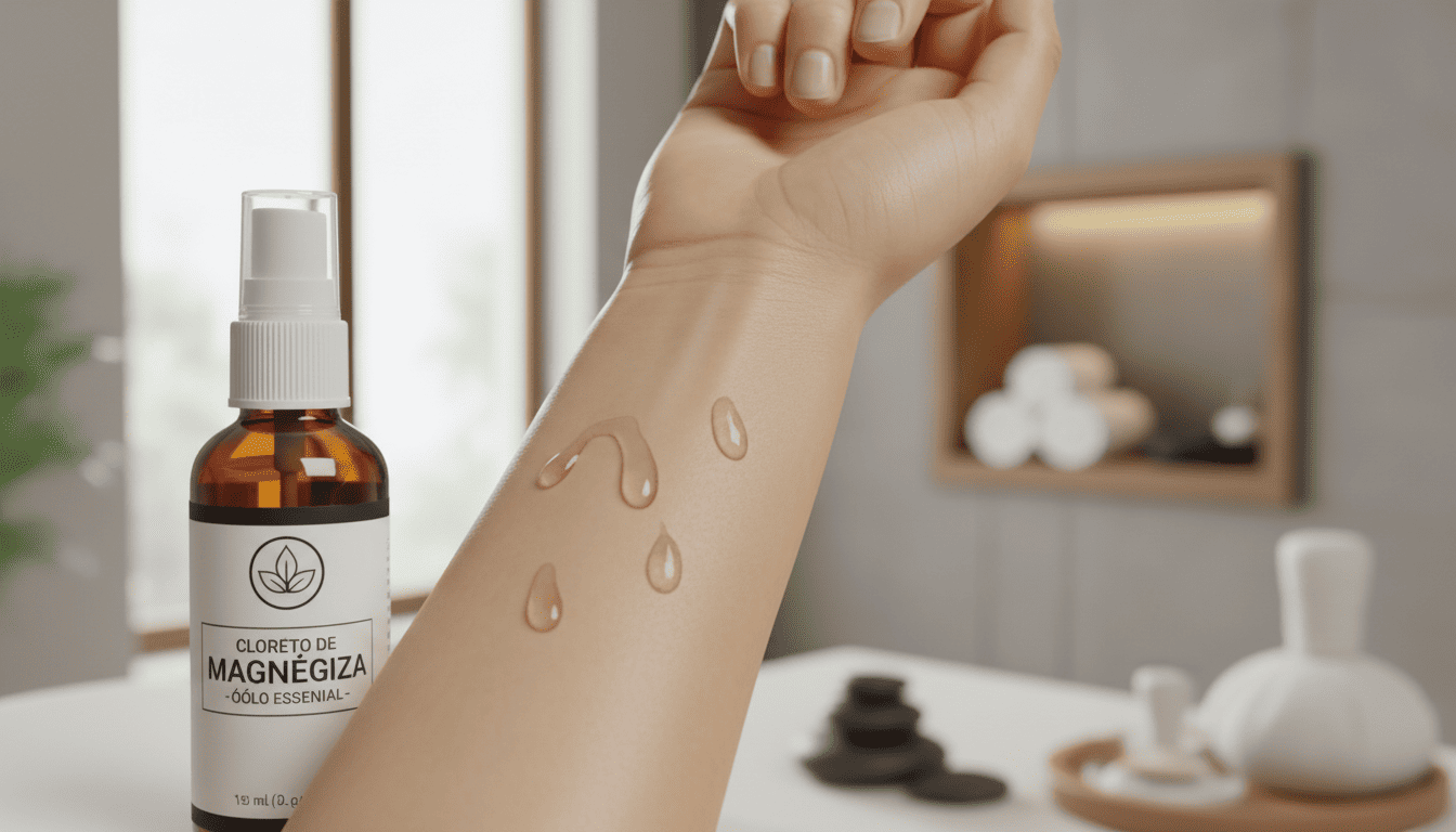 Aplicação de spray de cloreto de magnésio transdérmico no braço, mostrando o uso do magnésio na pele para relaxamento muscular e bem-estar.