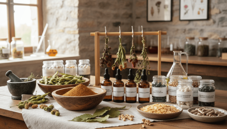 **Texto alternativo (alt text):** > Plantas medicinais e suplementos naturais como maca peruana, amora branca e soja utilizados para equilíbrio hormonal em farmácia natural.