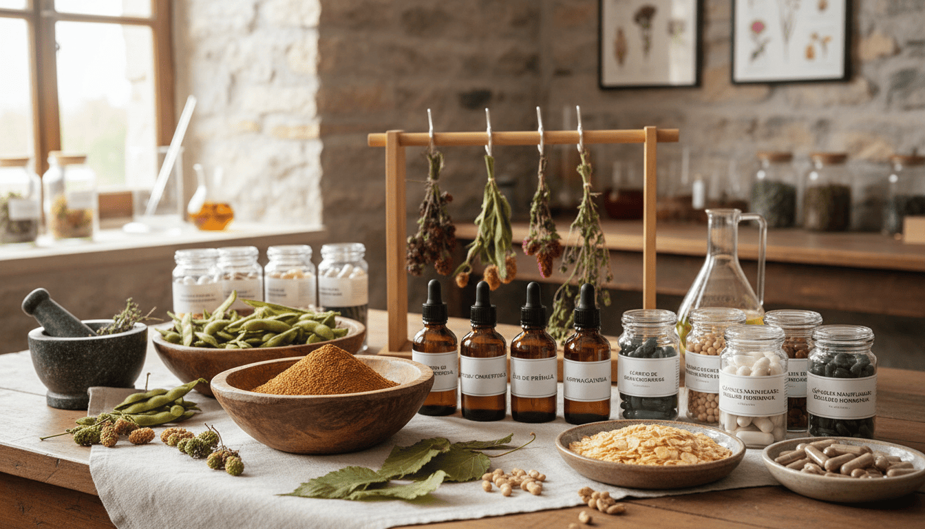 **Texto alternativo (alt text):** > Plantas medicinais e suplementos naturais como maca peruana, amora branca e soja utilizados para equilíbrio hormonal em farmácia natural.