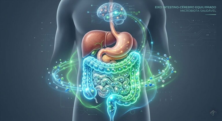 Ilustração do sistema digestivo humano com destaque para intestino e cérebro conectados, representando o eixo intestino-cérebro e a microbiota saudável.