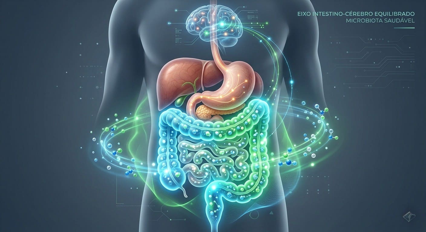 Ilustração do sistema digestivo humano com destaque para intestino e cérebro conectados, representando o eixo intestino-cérebro e a microbiota saudável.