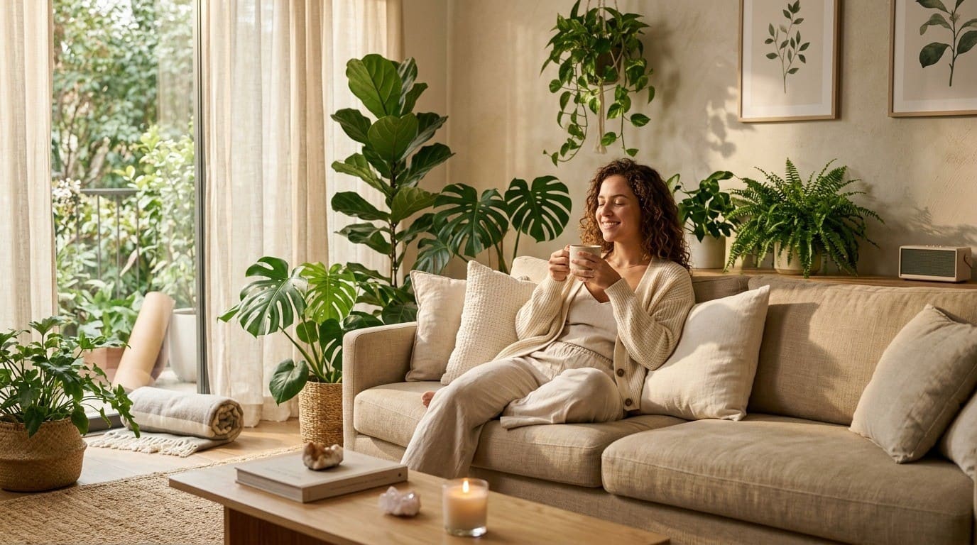 Mulher relaxando no sofá com uma xícara de chá, em ambiente aconchegante com plantas e luz natural, transmitindo bem-estar e tranquilidade.