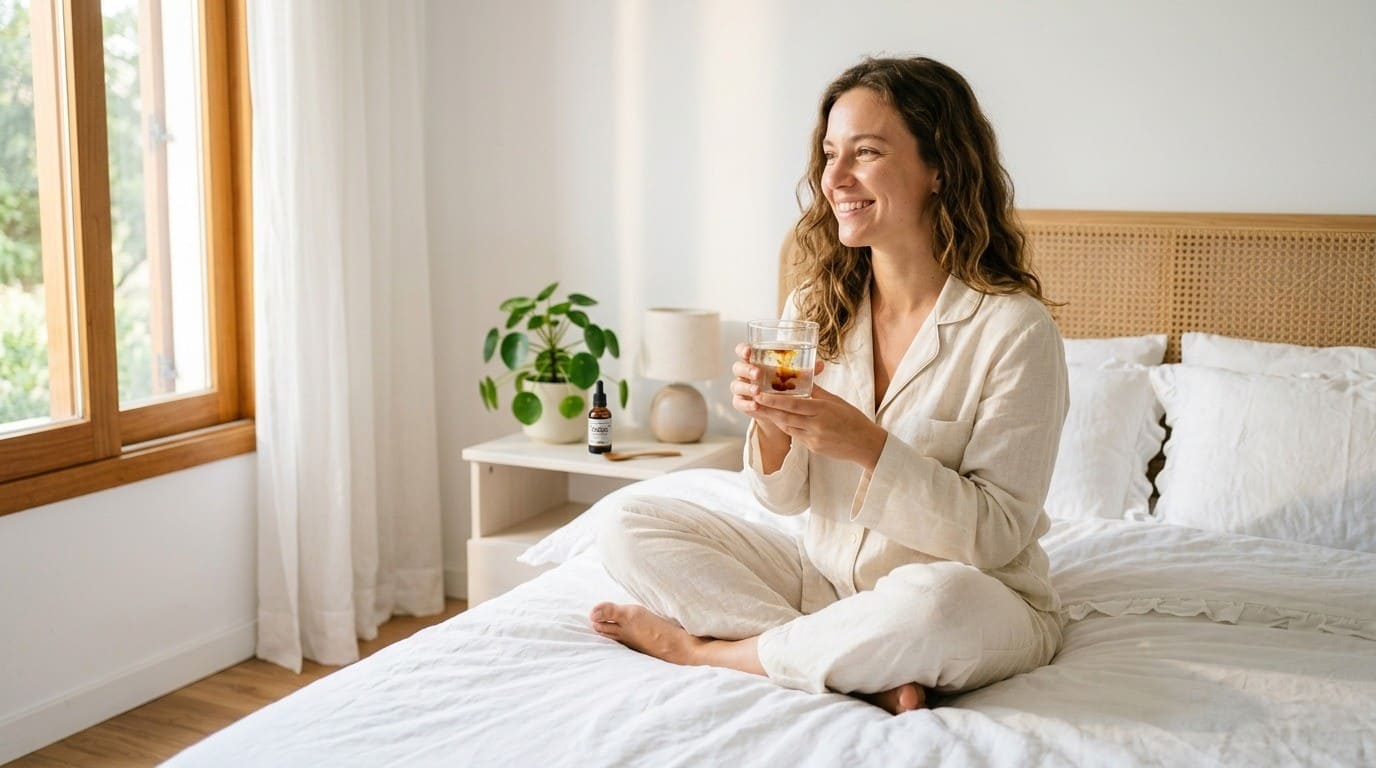 Pessoa sentada na cama, segurando um copo, com luz suave entrando pela janela ao fundo.