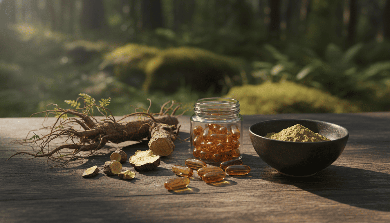 Cápsulas e raízes naturais ao lado de pó herbal em mesa de madeira, com fundo de floresta e luz suave.