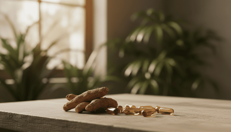 Raízes de ashwagandha e cápsulas de suplemento dispostas sobre uma mesa de madeira, com luz natural suave e plantas desfocadas ao fundo.