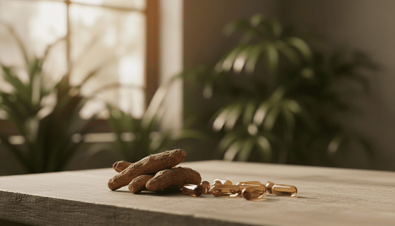 Raízes de ashwagandha e cápsulas de suplemento dispostas sobre uma mesa de madeira, com luz natural suave e plantas desfocadas ao fundo.