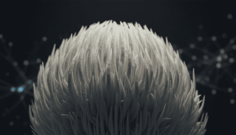 Close-up de um cogumelo juba de leão (Hericium erinaceus) com textura branca em fios alongados, iluminado em fundo escuro com elementos que remetem a conexões neurais.