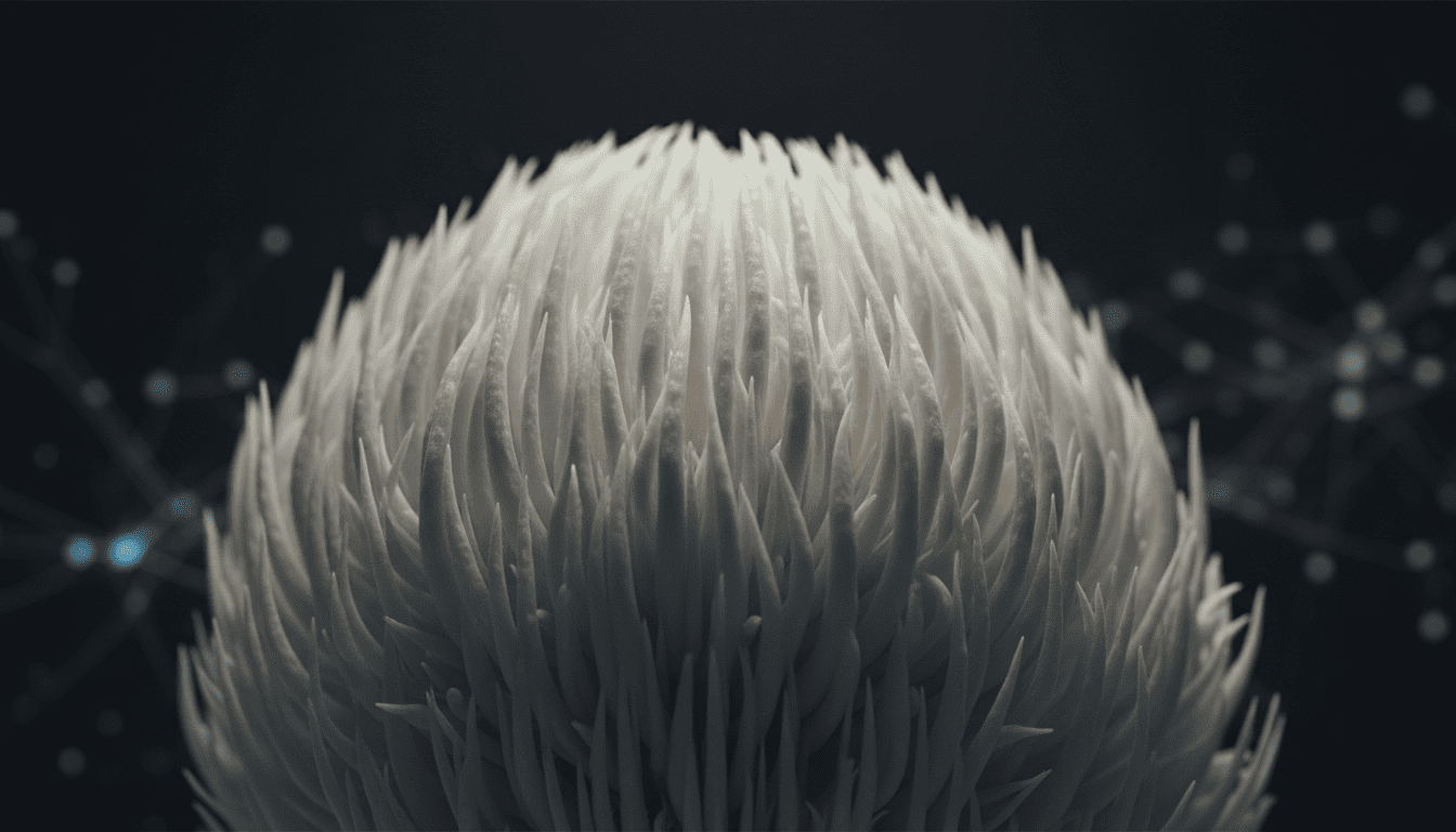 Close-up de um cogumelo juba de leão (Hericium erinaceus) com textura branca em fios alongados, iluminado em fundo escuro com elementos que remetem a conexões neurais.