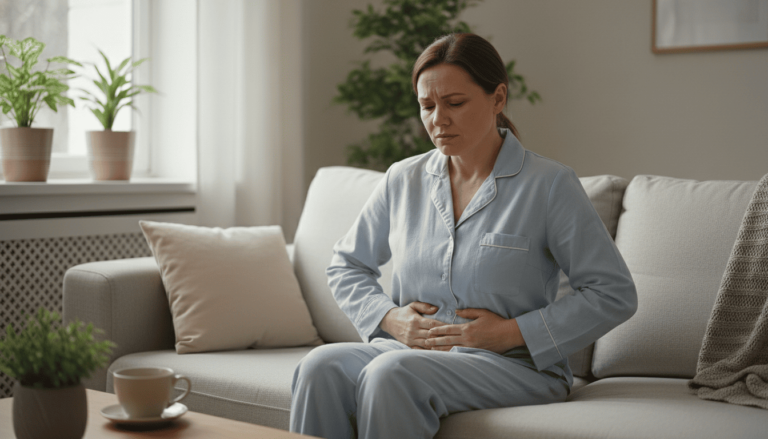 Pessoa segurando o abdômen com ilustração do sistema intestinal ao fundo.