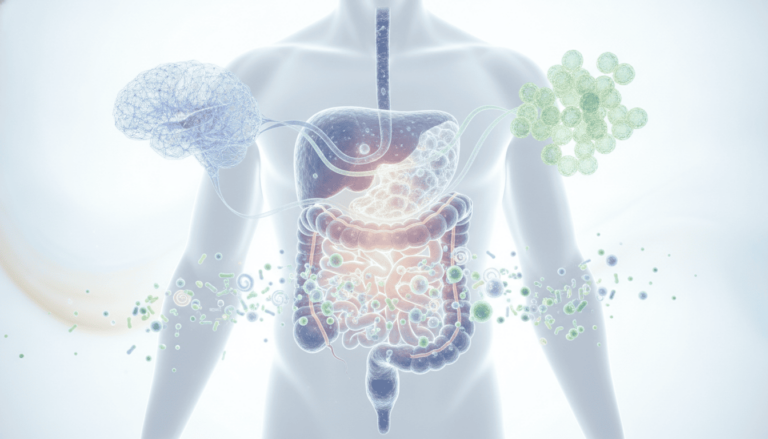 Imagem ilustrativa sobre saúde intestinal, microbioma equilibrado, probióticos, prebióticos e bem-estar digestivo