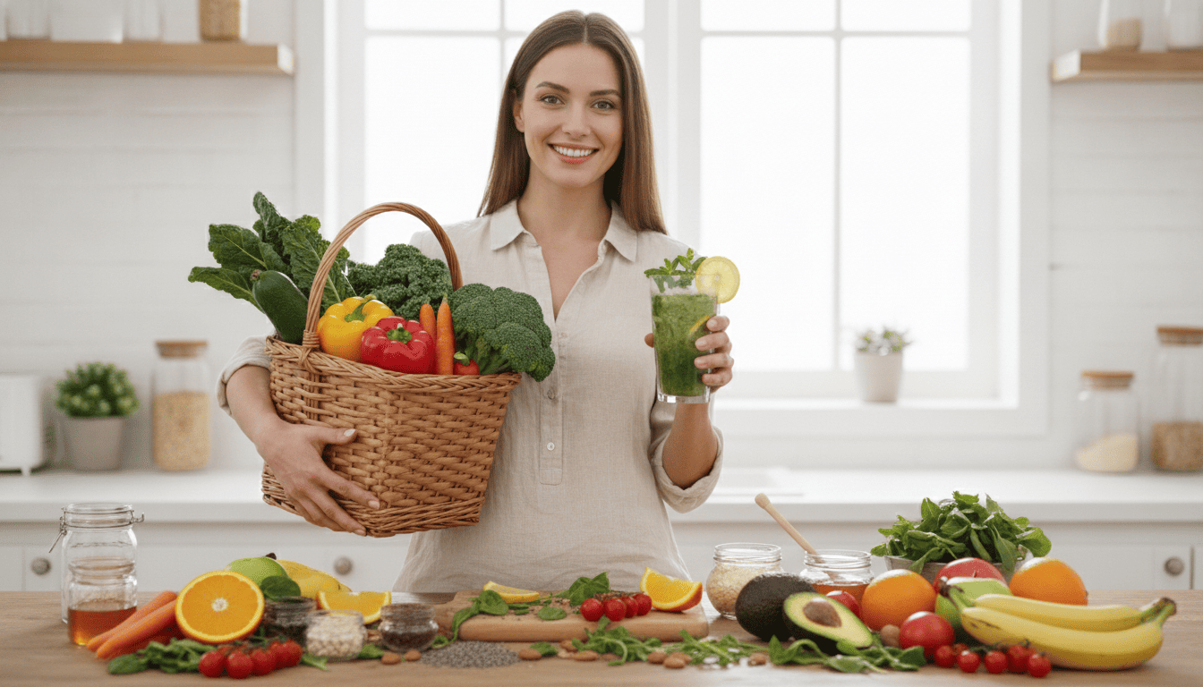 Pessoa com alimentos naturais, frutas, vegetais e bebida detox saudável em ambiente que transmite equilíbrio e bem-estar.