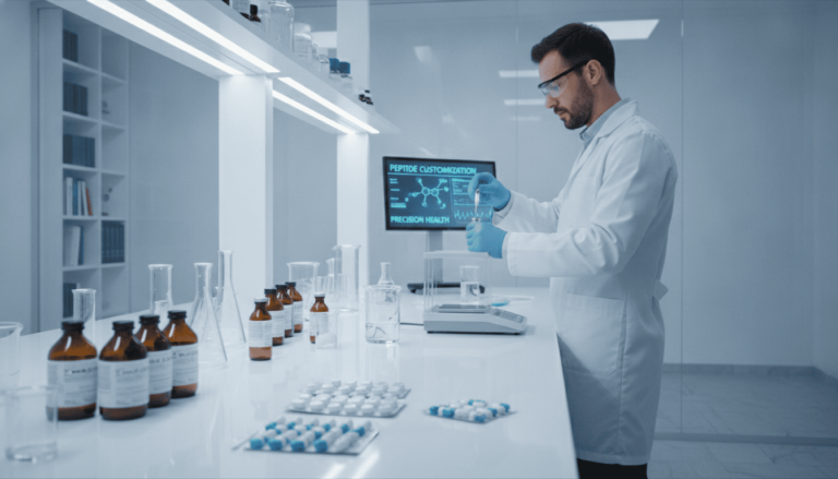 Peptídeos manipulados em farmácia e produtos industrializados em ambiente laboratorial e farmacêutico.