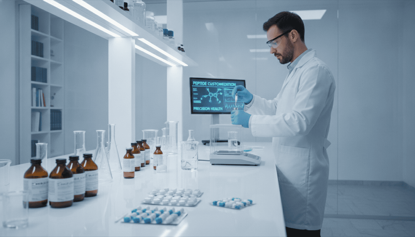 Peptídeos manipulados em farmácia e produtos industrializados em ambiente laboratorial e farmacêutico.