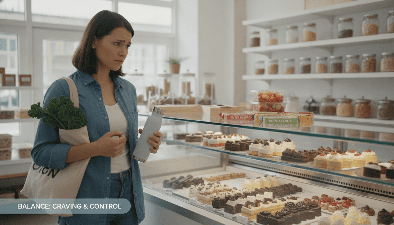 Pessoa analisando doces e alimentos saudáveis, representando controle do desejo por açúcar e suplementação alimentar.