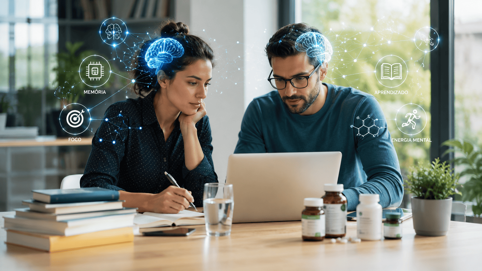 Homem e mulher estudam e trabalham em notebook enquanto elementos holográficos representam memória, foco, aprendizado e saúde cerebral ao lado de suplementos naturais.