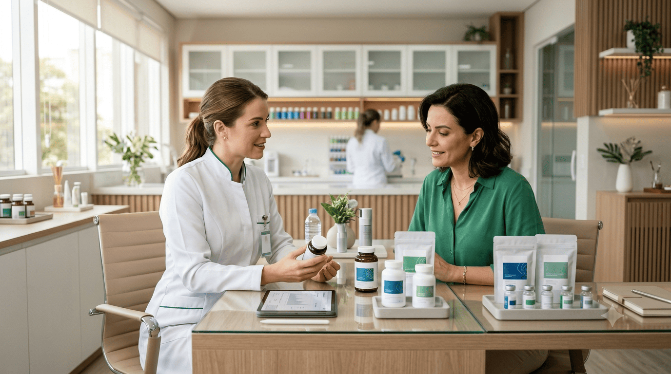 Farmacêutica orientando cliente na escolha do peptídeo ideal conforme seus objetivos de saúde e bem-estar.