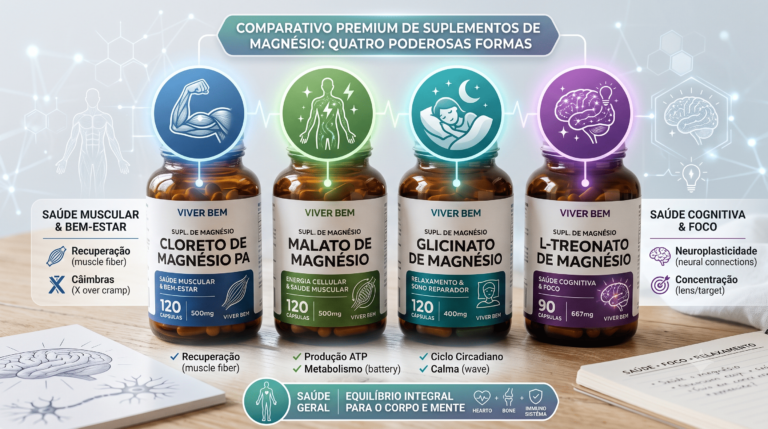 Comparação entre cloreto, malato, glicinato e treonato de magnésio com benefícios para energia, sono e memória.