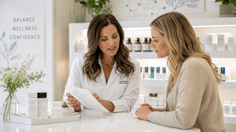 Mulher conversa com farmacêutica em farmácia de manipulação moderna, analisando fórmulas personalizadas para saúde íntima em ambiente clean e organizado.