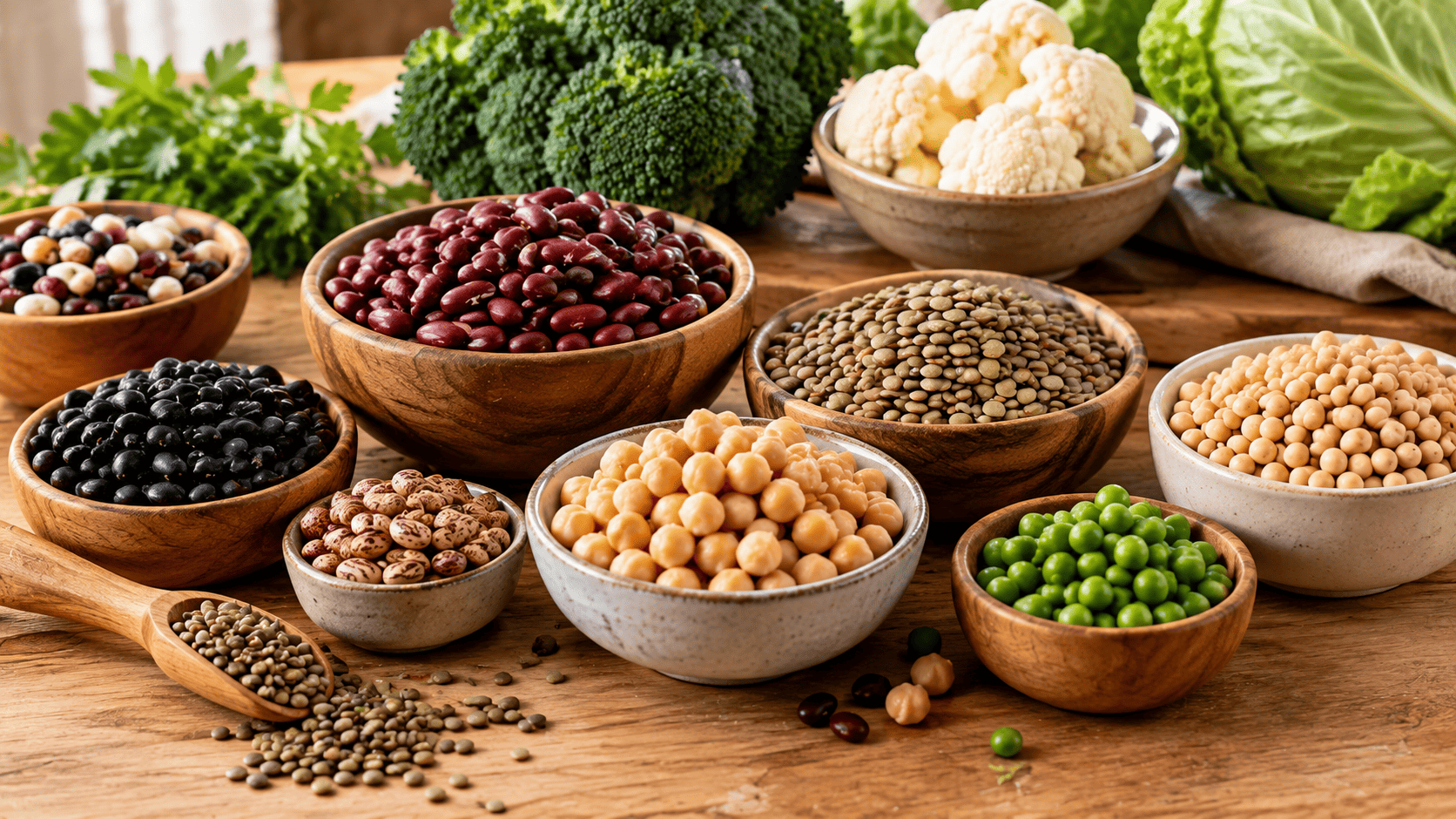 Feijão, lentilha e grão-de-bico representando alimentos com carboidratos fermentáveis.