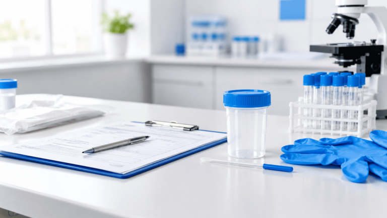 Recipiente para coleta de amostras, luvas descartáveis e materiais laboratoriais organizados para exame parasitológico de fezes.