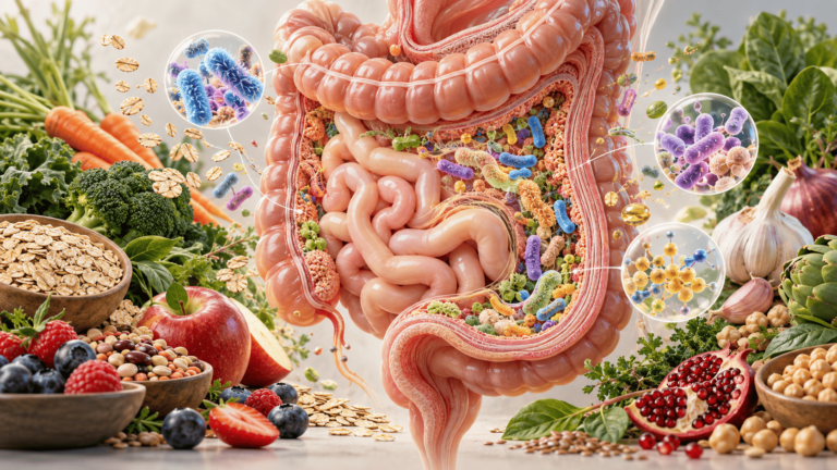 Representação do microbioma intestinal com fibras, microrganismos e nutrientes envolvidos na digestão.