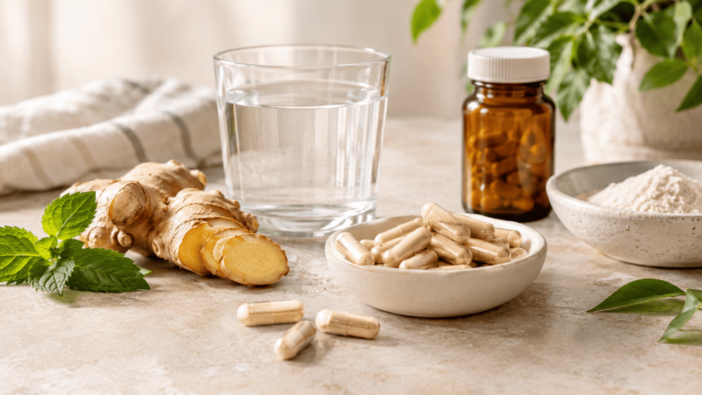 Suplementos digestivos e ingredientes naturais em uma composição de bem-estar.