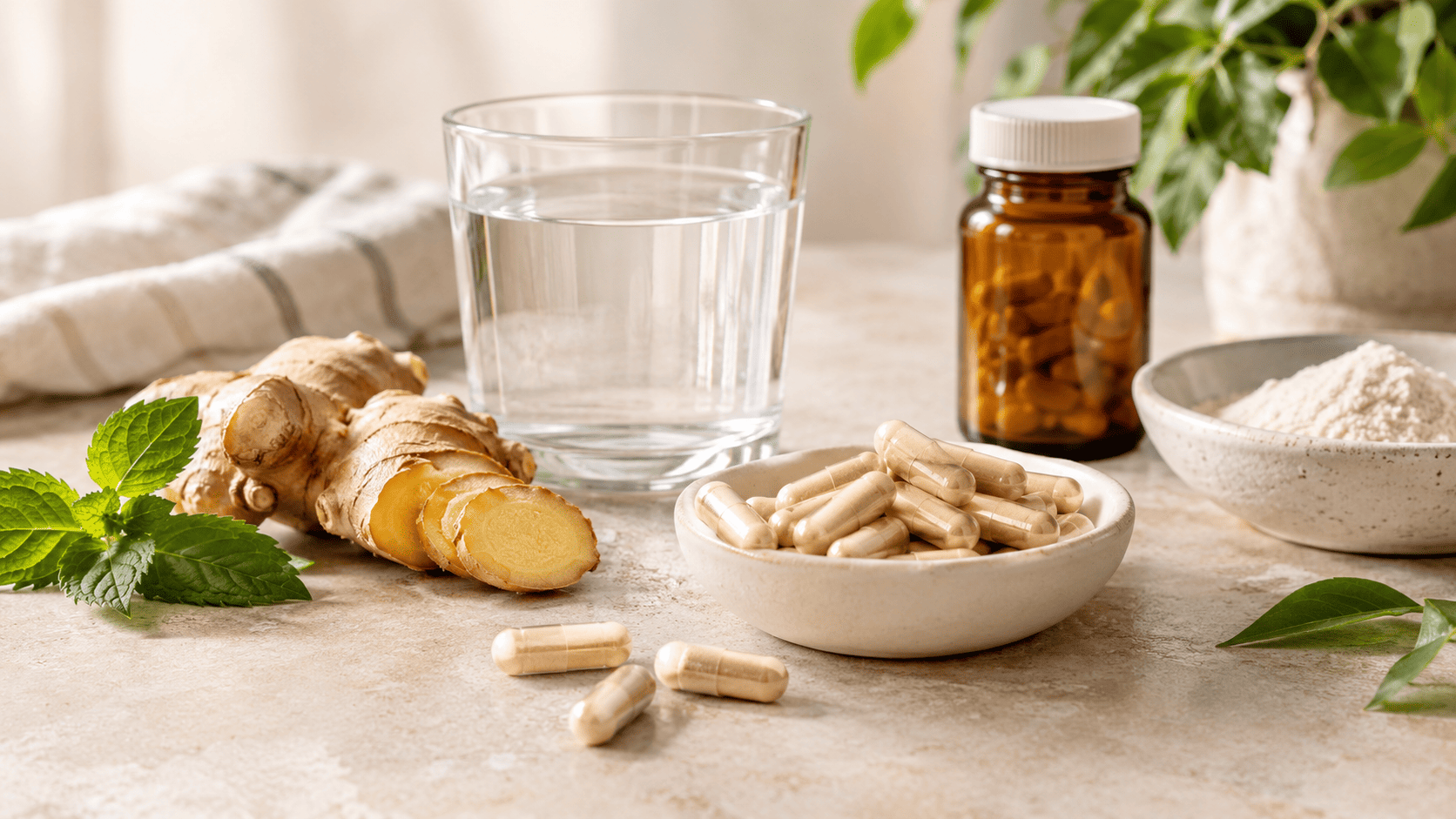Suplementos digestivos e ingredientes naturais em uma composição de bem-estar.